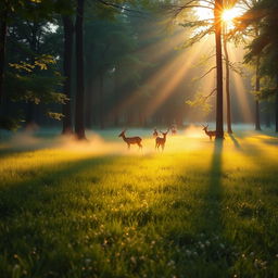 Serene and tranquil forest clearing at sunrise, featuring a gentle mist rising from the dew-covered grass