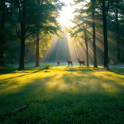 Serene and tranquil forest clearing at sunrise, featuring a gentle mist rising from the dew-covered grass