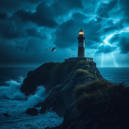 A solitary lighthouse standing tall on a rocky cliff during a stormy night