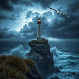 A solitary lighthouse standing tall on a rocky cliff during a stormy night