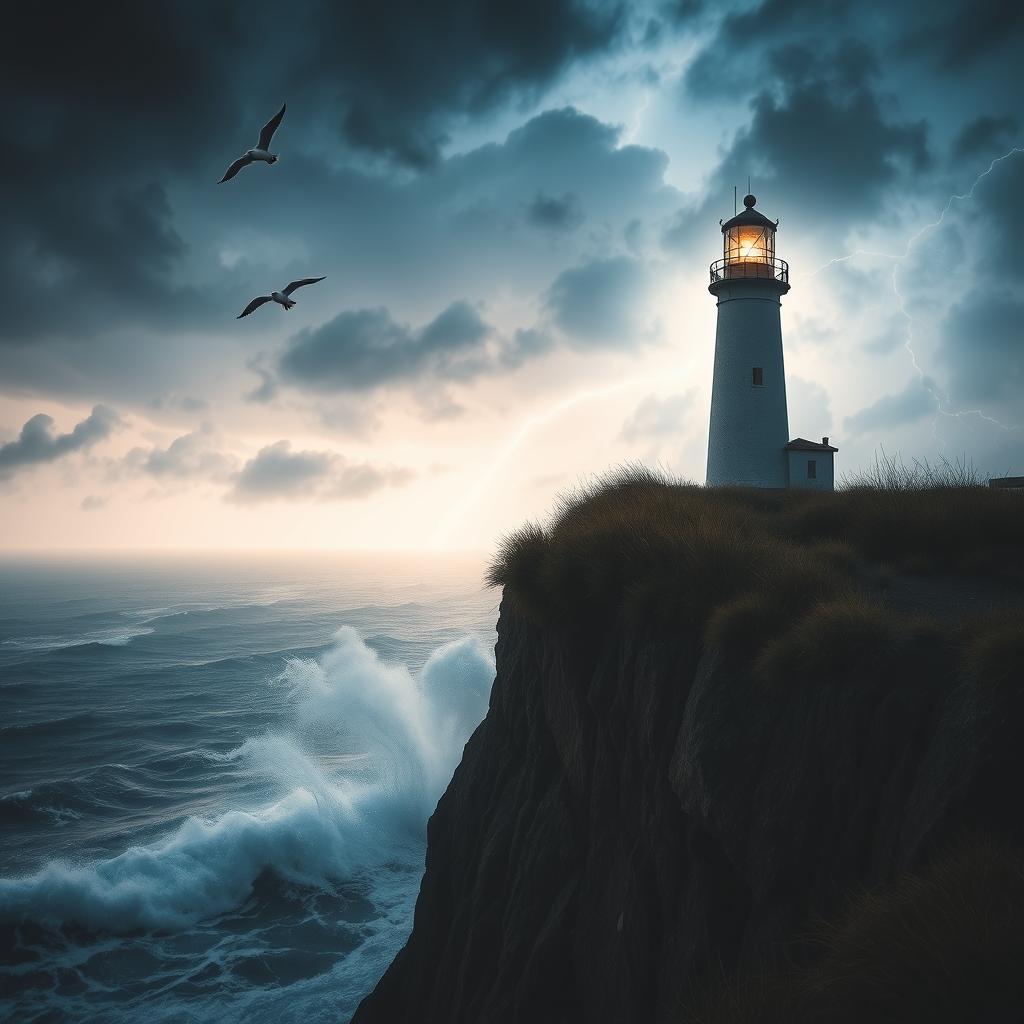 A solitary lighthouse standing tall on a rocky cliff during a stormy night