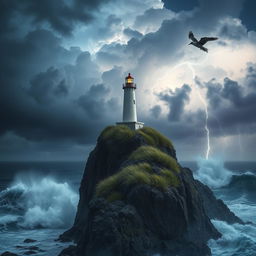 A solitary lighthouse standing tall on a rocky cliff during a stormy night