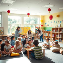 A stunning classroom environment with bright colorful decorations and sunshine streaming through large windows