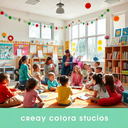 A stunning classroom environment with bright colorful decorations and sunshine streaming through large windows