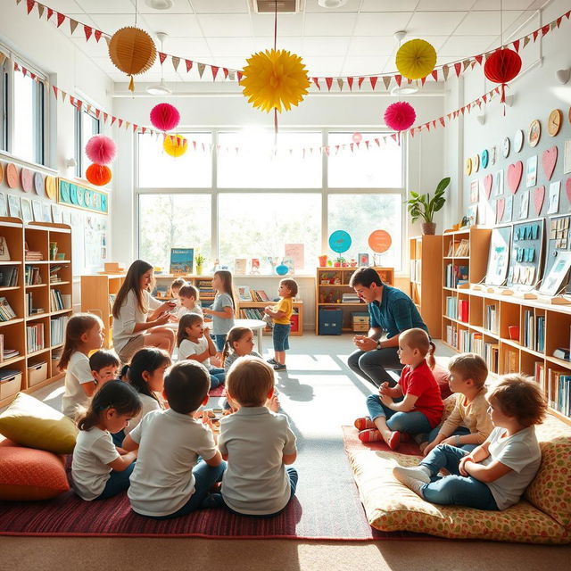 A stunning classroom environment with bright colorful decorations and sunshine streaming through large windows