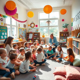 A stunning classroom environment with bright colorful decorations and sunshine streaming through large windows