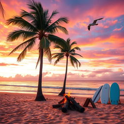 A tropical beach at sunset, with palm trees swaying gently in the breeze