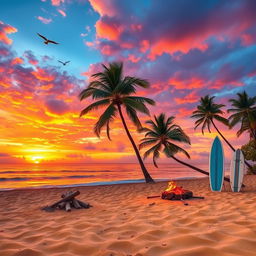 A tropical beach at sunset, with palm trees swaying gently in the breeze