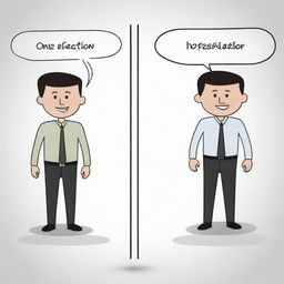 An illustrative cartoon conveying the two-factor theory. One section showcases the positive stimuli leading to satisfaction, and another shows the negative factors causing dissatisfaction.