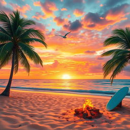 A tropical beach at sunset, with palm trees swaying gently in the breeze