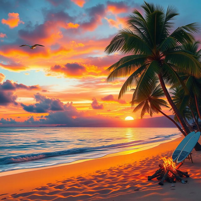 A tropical beach at sunset, with palm trees swaying gently in the breeze