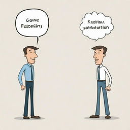 An illustrative cartoon conveying the two-factor theory. One section showcases the positive stimuli leading to satisfaction, and another shows the negative factors causing dissatisfaction.