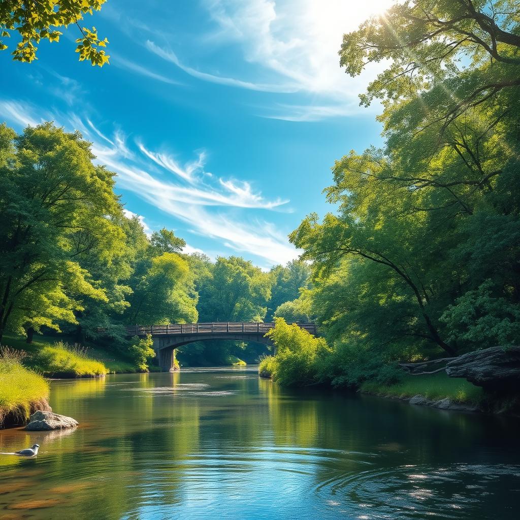 A serene landscape depicting a tranquil river flowing gently through a lush green forest