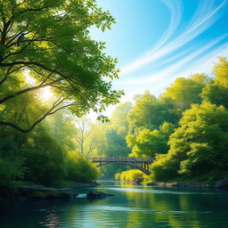 A serene landscape depicting a tranquil river flowing gently through a lush green forest