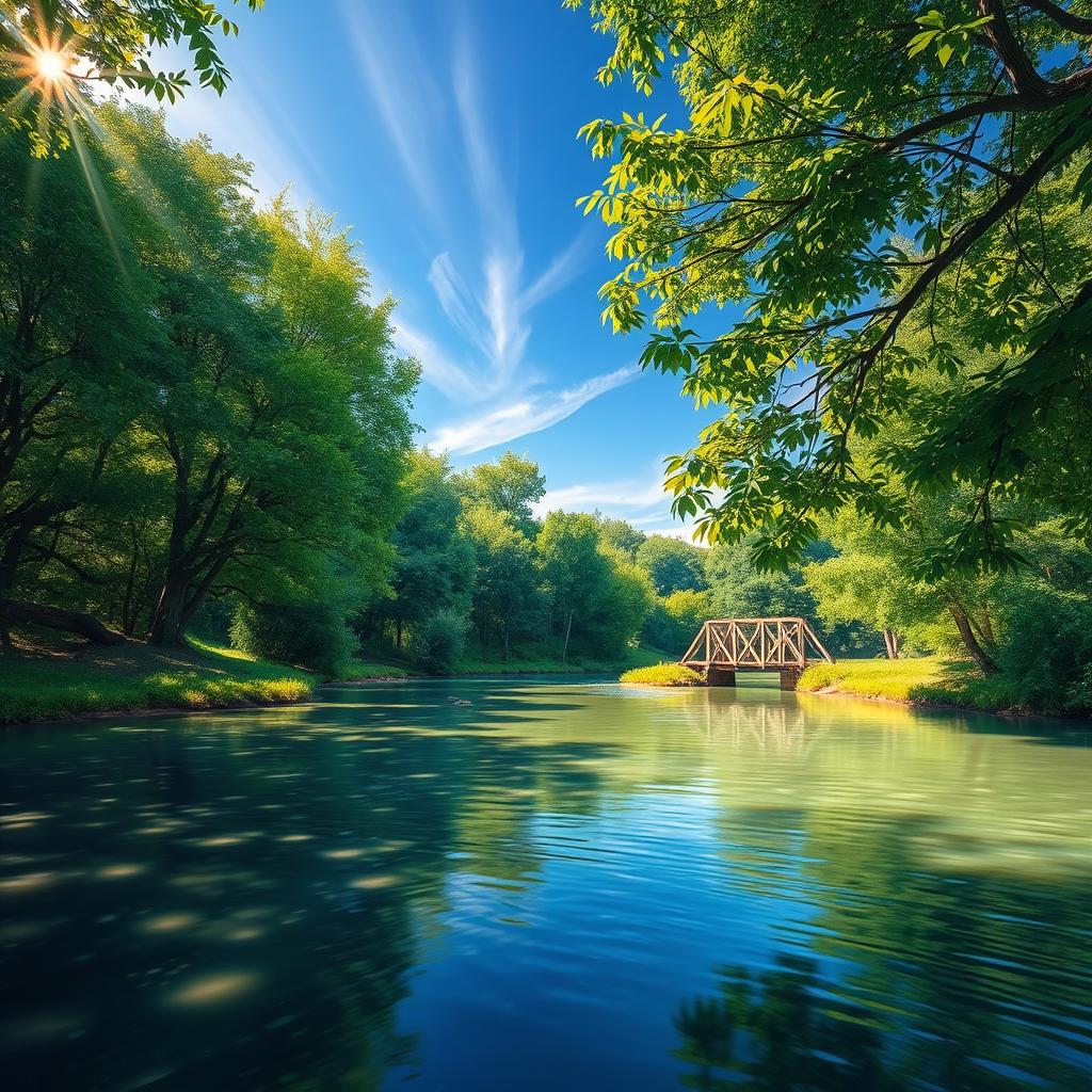 A serene landscape depicting a tranquil river flowing gently through a lush green forest