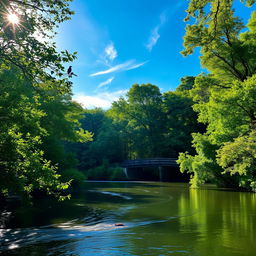 A serene landscape depicting a tranquil river flowing gently through a lush green forest