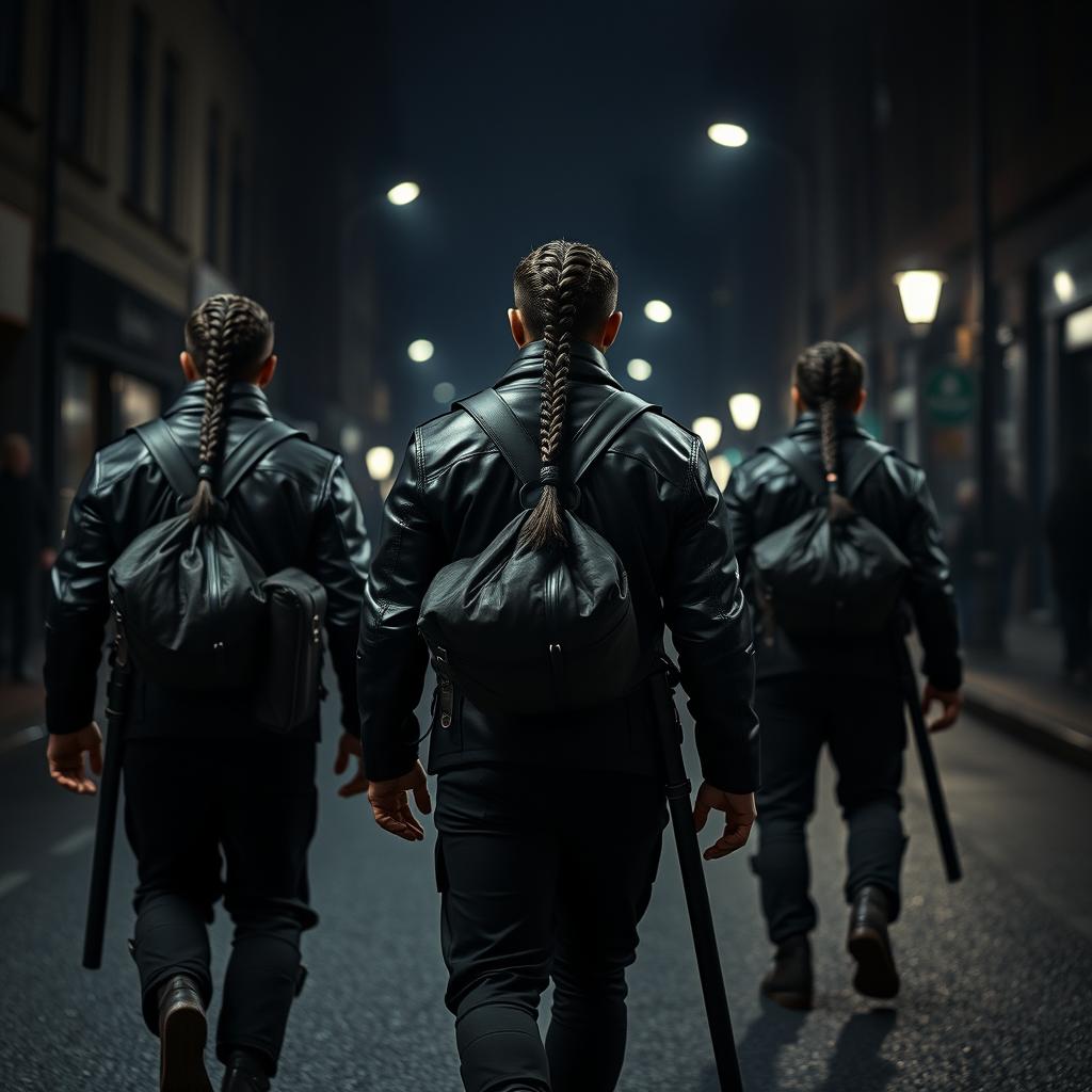 Three athletic black guards with braided sacks walking in the dark streets, each wearing a leather jacket