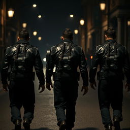 Three athletic black guards with braided sacks walking in the dark streets, each wearing a leather jacket