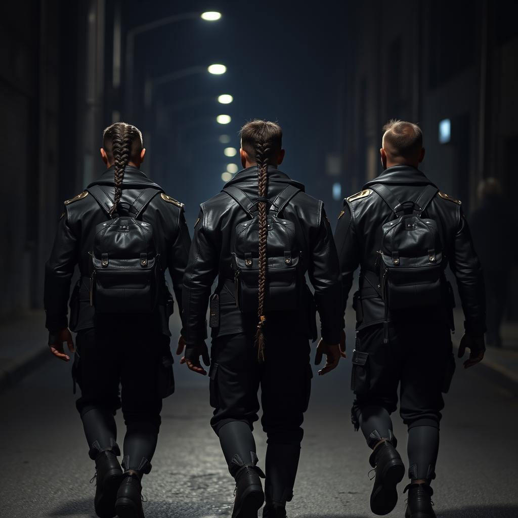 Three athletic black guards with braided sacks walking in the dark streets, each wearing a leather jacket