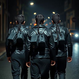 Three athletic black guards with braided sacks walking in the dark streets, each wearing a leather jacket