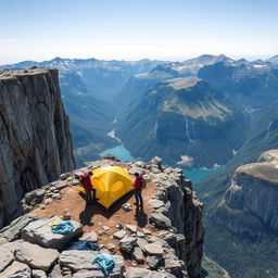 A group of adventurous people choosing to camp on a rugged mountain cliff instead of a serene lakeside