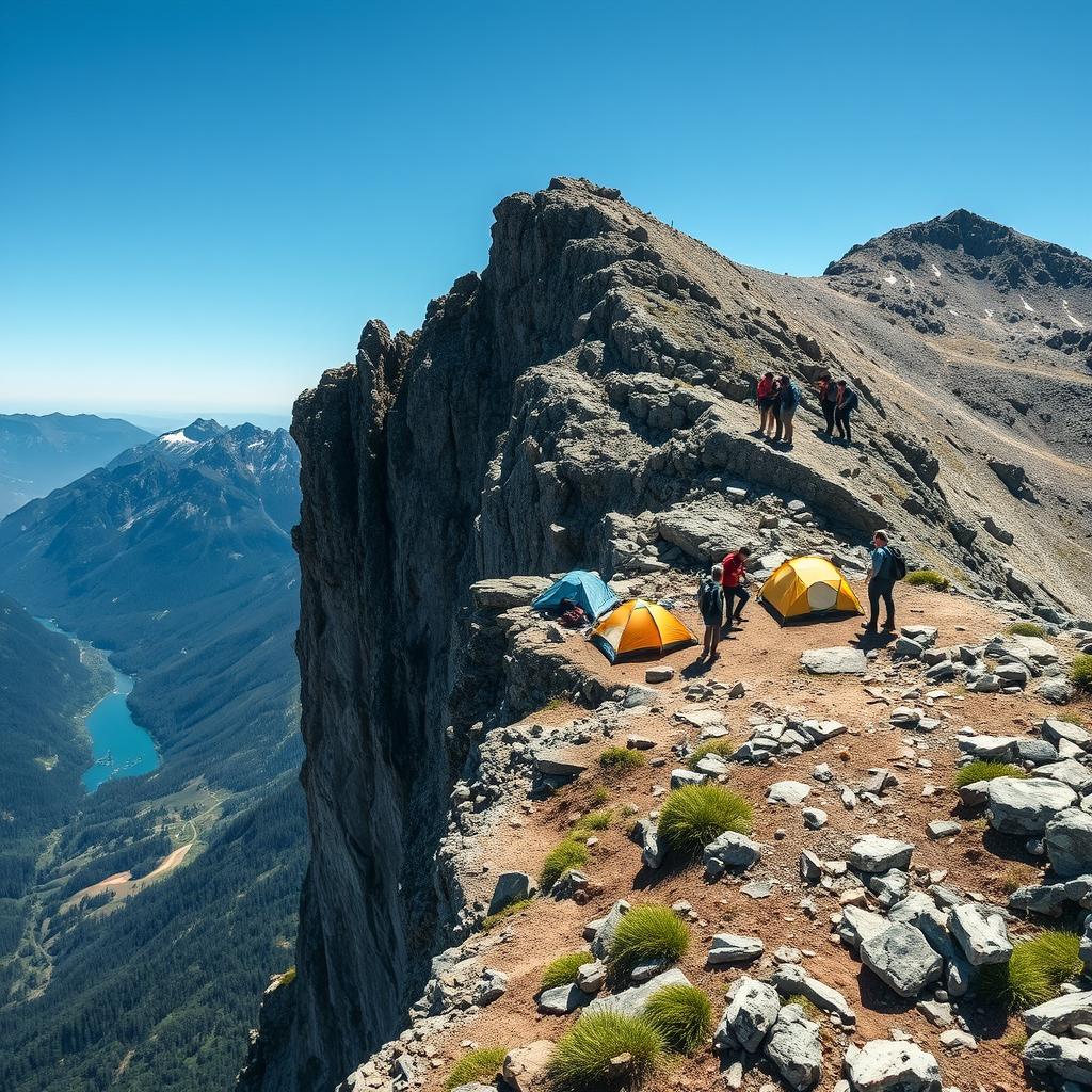 A group of adventurous people choosing to camp on a rugged mountain cliff instead of a serene lakeside