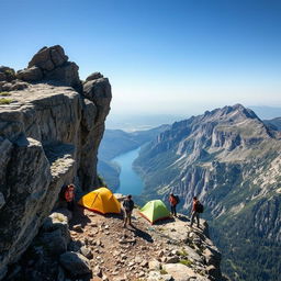 A group of adventurous people choosing to camp on a rugged mountain cliff instead of a serene lakeside