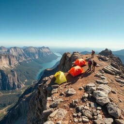 A group of adventurous people choosing to camp on a rugged mountain cliff instead of a serene lakeside