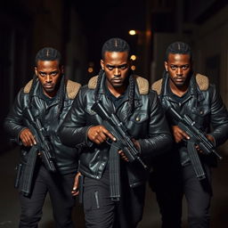 Three athletic black guards with braided sacks walk through dark streets, each clad in a leather jacket