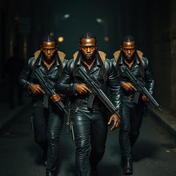 Three athletic black guards with braided sacks walk through dark streets, each clad in a leather jacket