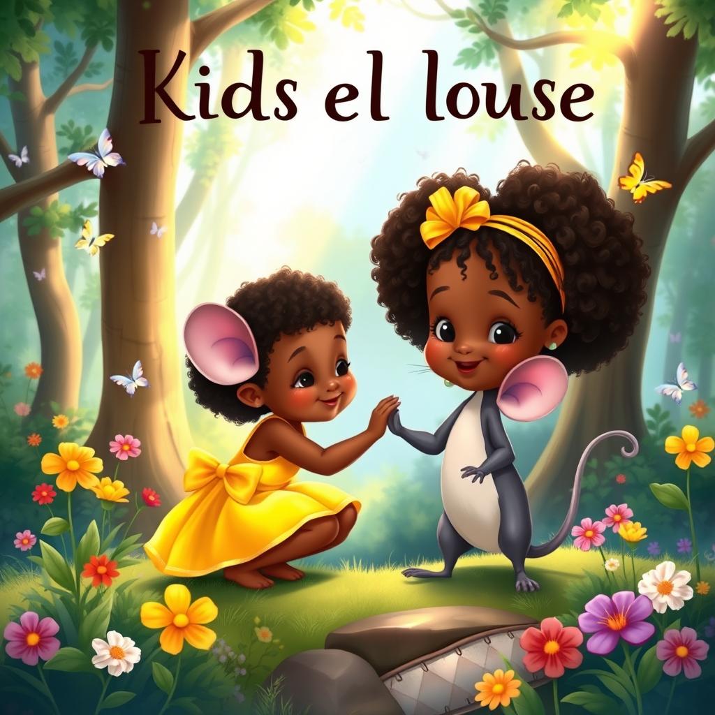 A charming children's ebook cover featuring a little black girl with curly hair, wearing a bright yellow dress, and her cheerful mouse friend