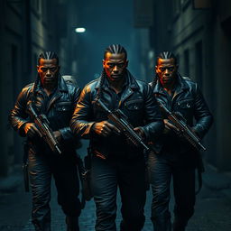 Three athletic black guards with braided sacks walk through dark streets, each clad in a leather jacket