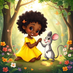 A charming children's ebook cover featuring a little black girl with curly hair, wearing a bright yellow dress, and her cheerful mouse friend