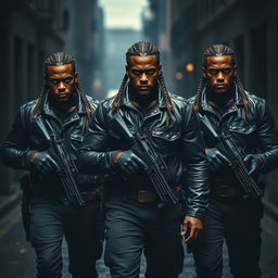 Three athletic black guards with braided sacks walk through dark streets, each clad in a leather jacket