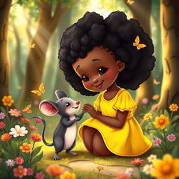 A charming children's ebook cover featuring a little black girl with curly hair, wearing a bright yellow dress, and her cheerful mouse friend