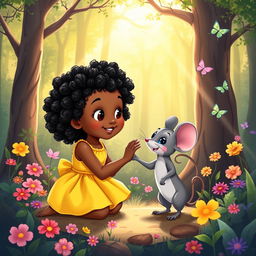 A charming children's ebook cover featuring a little black girl with curly hair, wearing a bright yellow dress, and her cheerful mouse friend