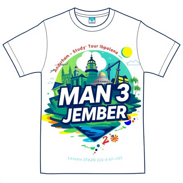 Design a vibrant and dynamic T-shirt for the "Study Tour MAN 3 Jember Batch 22-25"