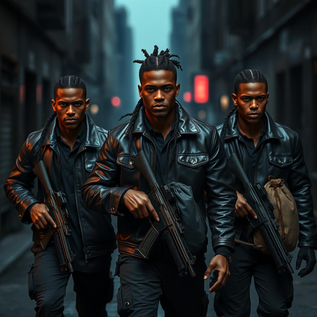 Three athletic black guards, each unique in appearance, walk through dark streets with braided sacks