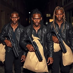 Three athletic black guards, each unique in appearance, walk through dark streets with braided sacks