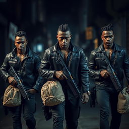 Three athletic black guards, each unique in appearance, walk through dark streets with braided sacks