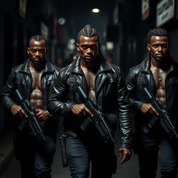 Three athletic black guards, each unique in appearance, walk through dark streets with braided sacks