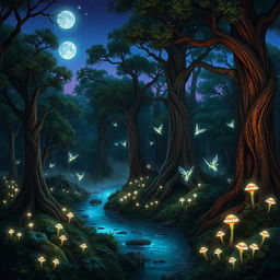 A magical forest at twilight, where bioluminescent plants emit a soft glow