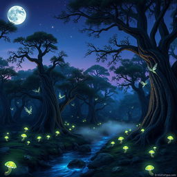 A magical forest at twilight, where bioluminescent plants emit a soft glow