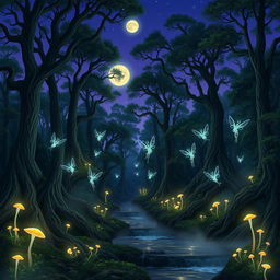 A magical forest at twilight, where bioluminescent plants emit a soft glow