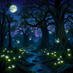 A magical forest at twilight, where bioluminescent plants emit a soft glow