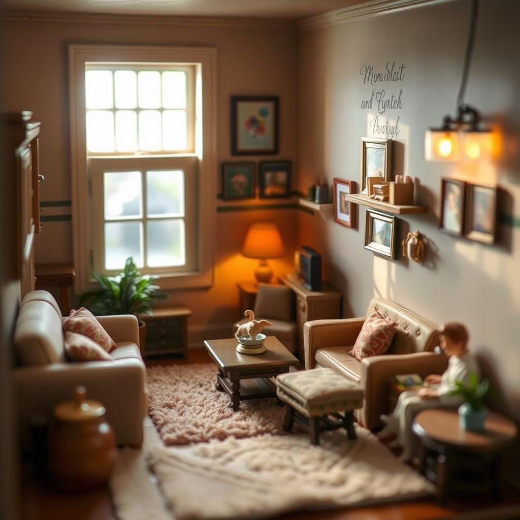 A charming and cozy miniature room, showcasing intricate details and warm lighting