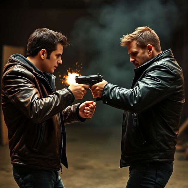 Two individuals in leather jackets facing each other and engaged in a dramatic shootout