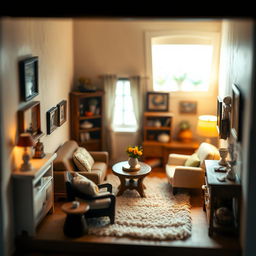 A charming and cozy miniature room, showcasing intricate details and warm lighting