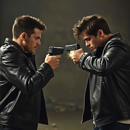 Two individuals in leather jackets facing each other and engaged in a dramatic shootout