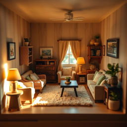 A charming and cozy miniature room, showcasing intricate details and warm lighting